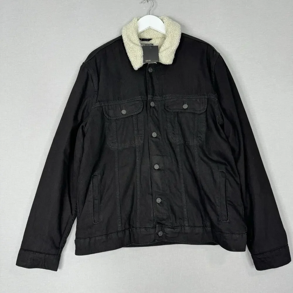 ASOS Womens Jean‎ Jacket 2XL Black Faux Fur Sherpa Lined Denim Trucker Barn Coat